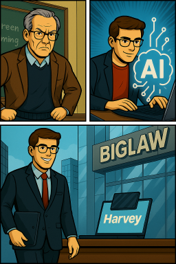 A 3-panel cartoon of an aging professor who morphs into a contemporary law student, masters AI, and succeeds