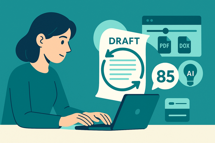 A student collaborates with an AI to refine a practice essay. She gets scores and feedback
